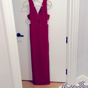 Red Aqua (Bloomingdales) gown. Cutouts and thigh high slit with exposed zipper